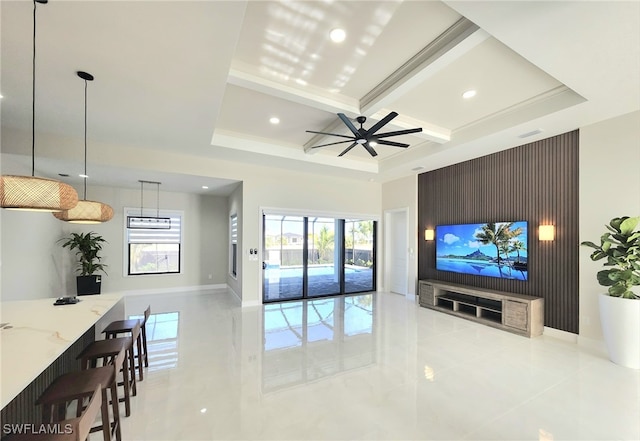 living room featuring coffered ceiling, ceiling fan, built in desk, and beamed ceiling