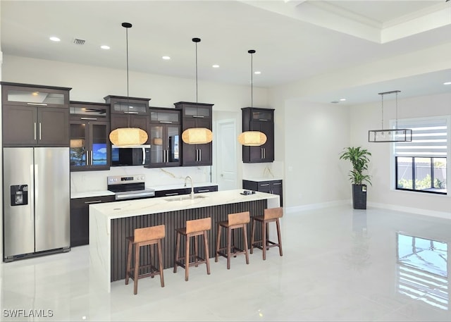 kitchen featuring stainless steel appliances, hanging light fixtures, a kitchen island with sink, and sink