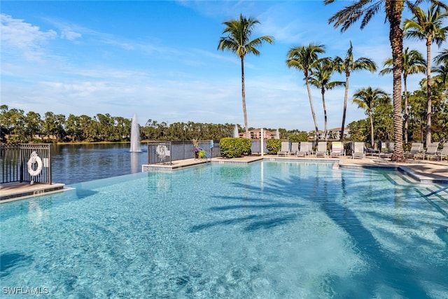 view of pool featuring a water view