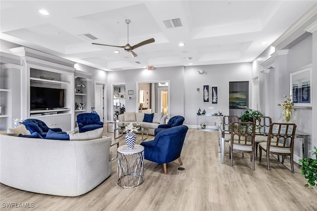 living room featuring coffered ceiling, light hardwood / wood-style floors, and ceiling fan