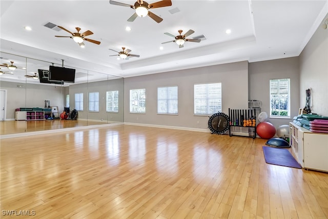 workout area featuring light hardwood / wood-style flooring and a raised ceiling