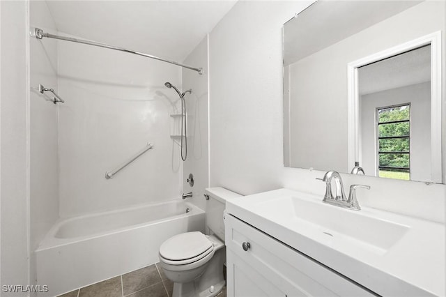 full bathroom featuring shower / tub combination, vanity, toilet, and tile patterned floors