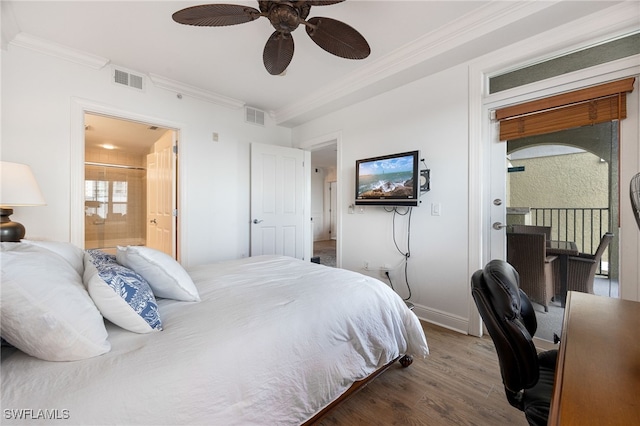 bedroom with wood-type flooring, ornamental molding, connected bathroom, and ceiling fan