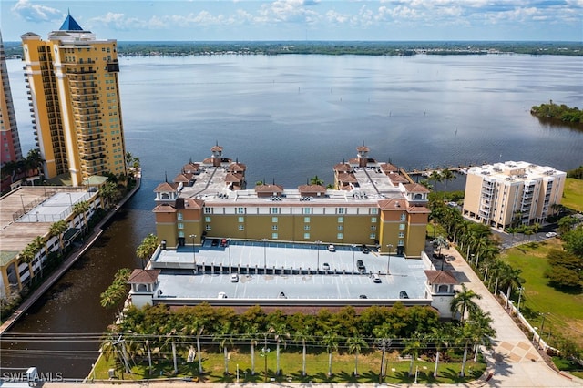 drone / aerial view with a water view