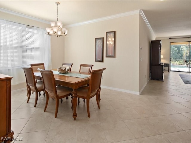 dining area with light tile patterned floors, ornamental molding, and a chandelier