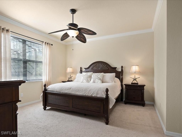 bedroom with light carpet, ornamental molding, and ceiling fan