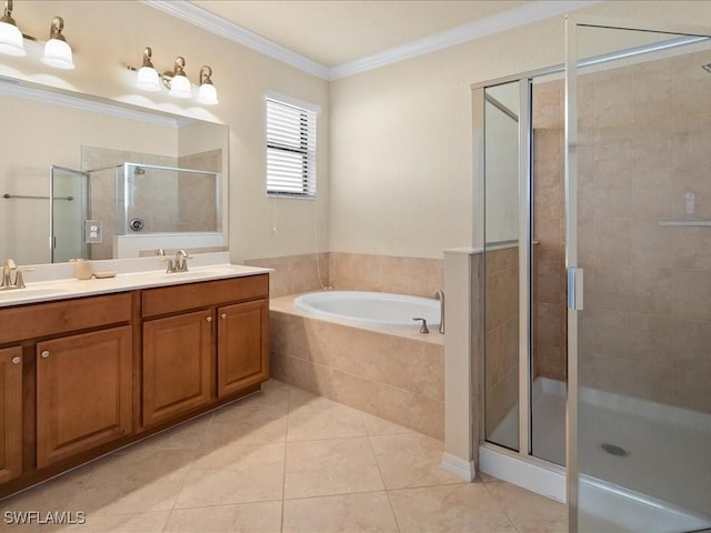 bathroom with crown molding, vanity, tile patterned floors, and plus walk in shower