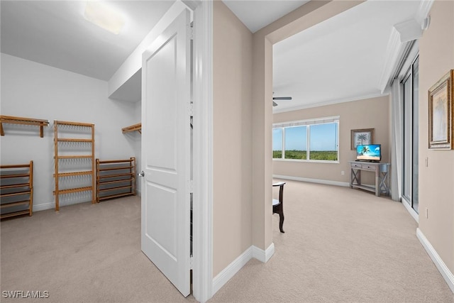 hall with crown molding and light colored carpet