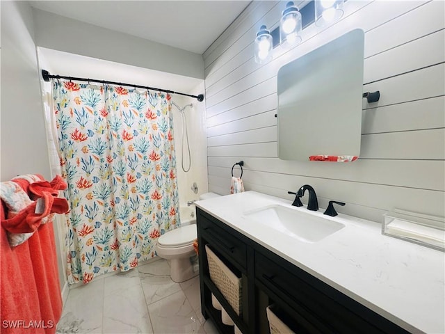 full bathroom featuring wood walls, vanity, shower / tub combo, and toilet