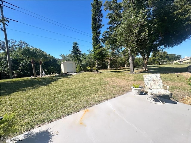 view of yard with a patio area and a storage unit