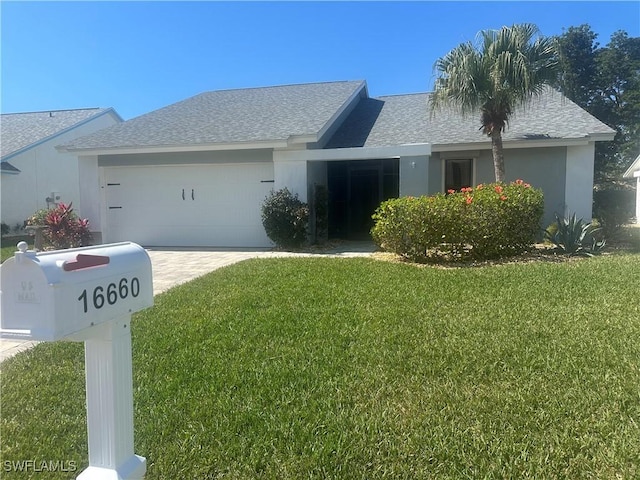 ranch-style home with a garage and a front yard