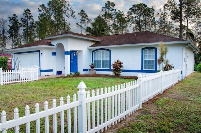 ranch-style house featuring a garage and a front yard