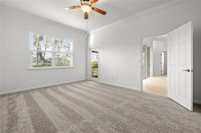 unfurnished room featuring ceiling fan, ornamental molding, and light carpet