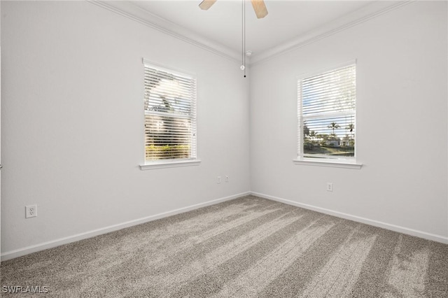 carpeted empty room featuring crown molding and ceiling fan