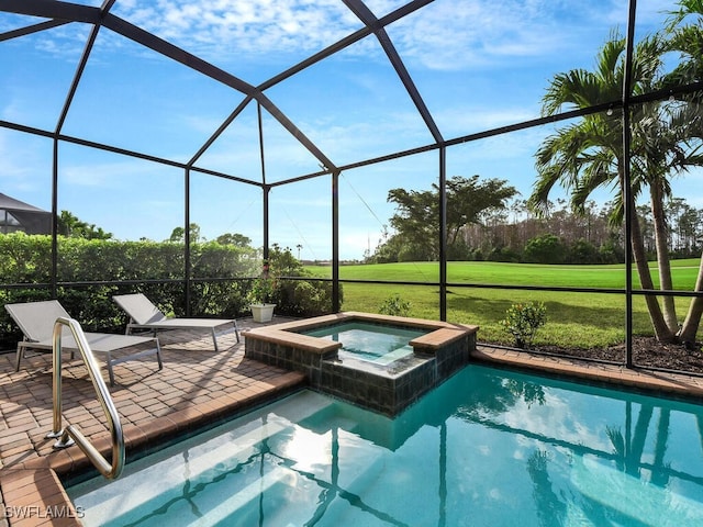 view of swimming pool featuring an in ground hot tub, a patio, glass enclosure, and a lawn