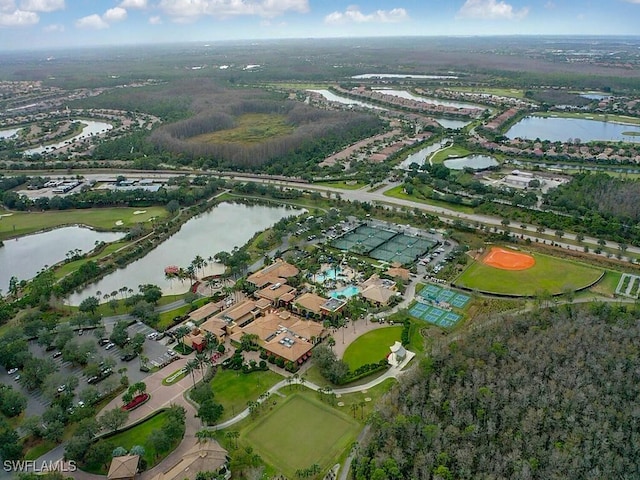 aerial view featuring a water view