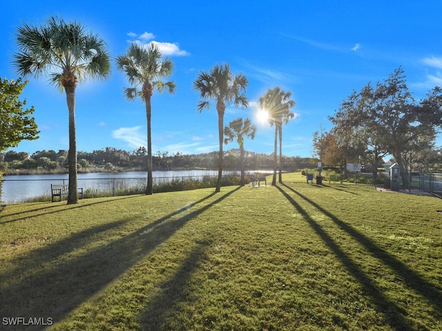 view of yard with a water view