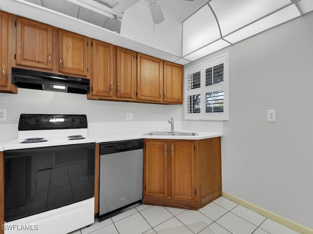 kitchen featuring sink, range with electric stovetop, stainless steel dishwasher, and light tile patterned floors