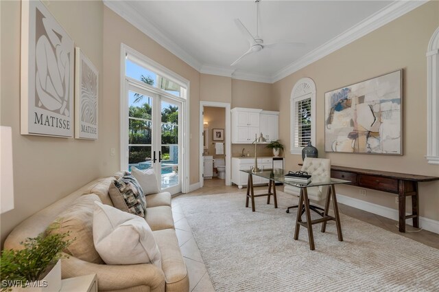 455 1st Ave N, Naples, FL 34102 - office area with light tile patterned floors, french doors, ornamental molding, and a ceiling fan