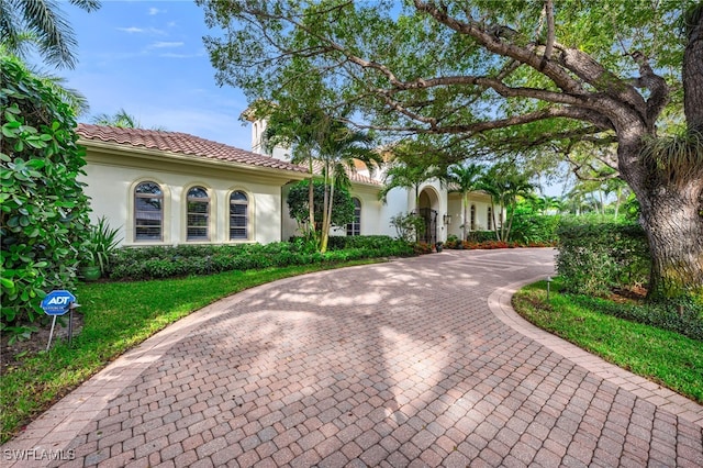455 1st Ave N, Naples, FL 34102 - mediterranean / spanish home featuring stucco siding, curved driveway, and a tiled roof