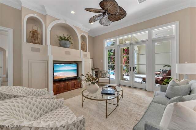 455 1st Ave N, Naples, FL 34102 - living area with crown molding, a ceiling fan, recessed lighting, and french doors