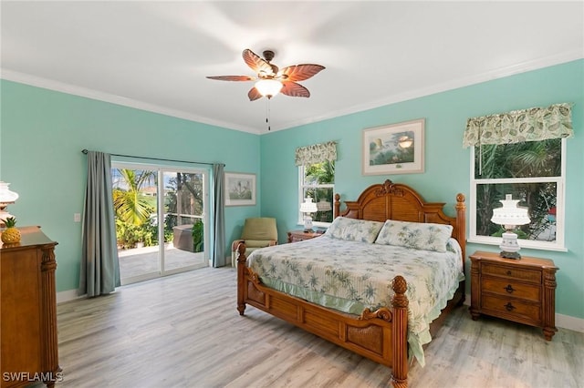 bedroom with ornamental molding, access to exterior, ceiling fan, and light hardwood / wood-style flooring