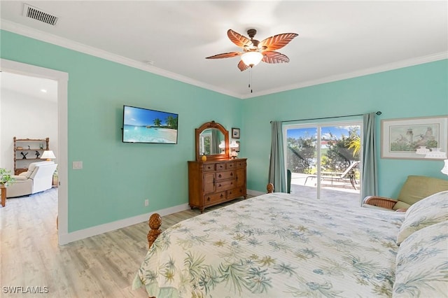 bedroom with crown molding, access to outside, ceiling fan, and light hardwood / wood-style floors