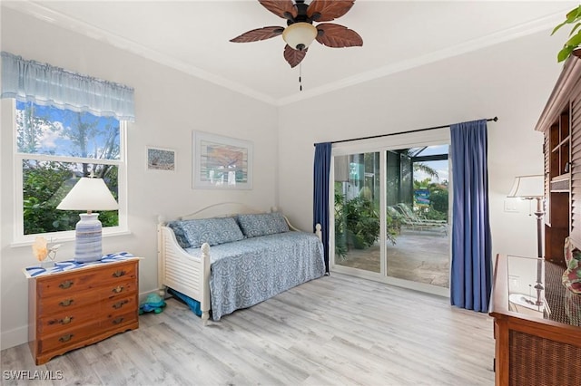 bedroom with crown molding, access to outside, ceiling fan, and light hardwood / wood-style flooring