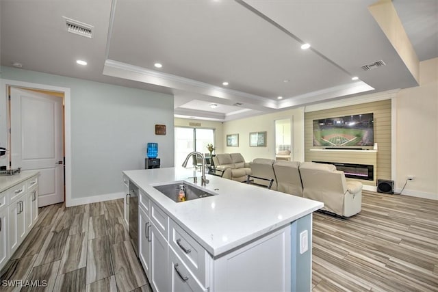 kitchen featuring white cabinetry, a raised ceiling, and an island with sink