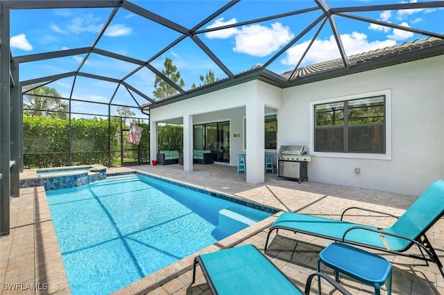 9368 Night Heron Ln, Naples, FL 34120 - view of swimming pool featuring a grill, an outdoor living space, a patio area, a pool with connected hot tub, and glass enclosure