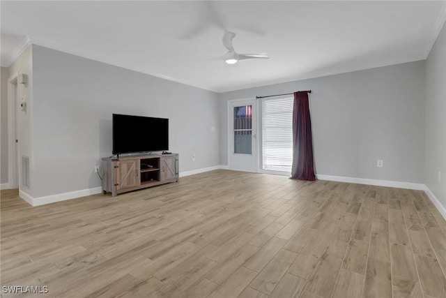 unfurnished living room featuring baseboards, ceiling fan, light wood-style flooring, and visible vents