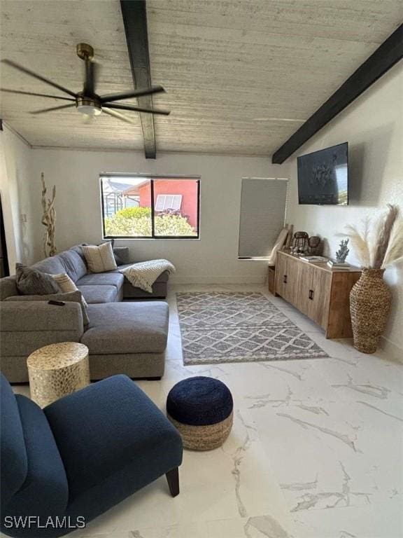 living room with beam ceiling and ceiling fan