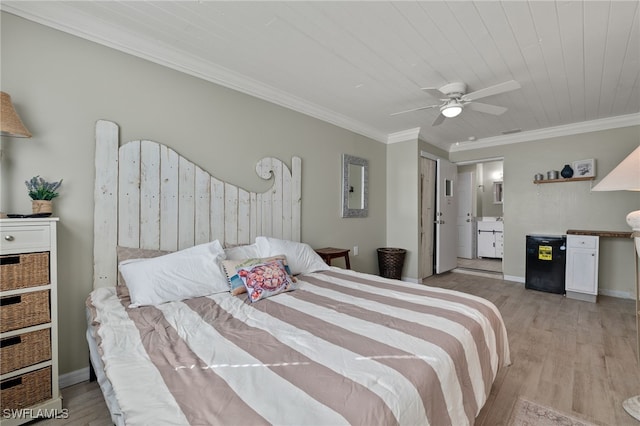 bedroom featuring connected bathroom, refrigerator, wooden ceiling, light wood-type flooring, and ornamental molding