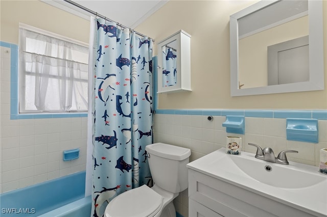 full bathroom with toilet, crown molding, tile walls, vanity, and shower / bath combination with curtain