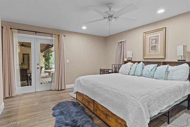 bedroom with ceiling fan, access to outside, light hardwood / wood-style floors, and french doors