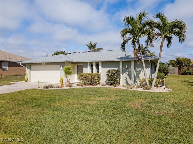 single story home featuring a garage and a front lawn