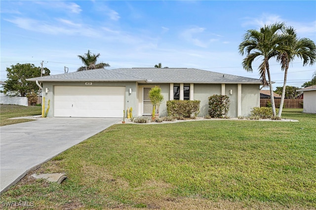 ranch-style home featuring a garage and a front lawn