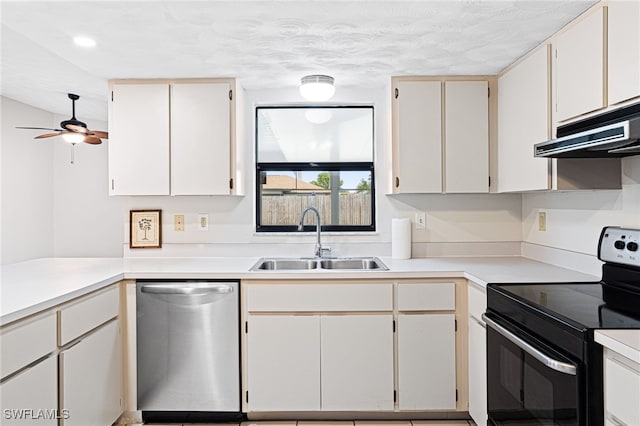 kitchen featuring electric stove, sink, dishwasher, ceiling fan, and white cabinetry