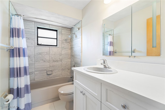 full bathroom featuring shower / bathtub combination with curtain, vanity, tile patterned floors, and toilet