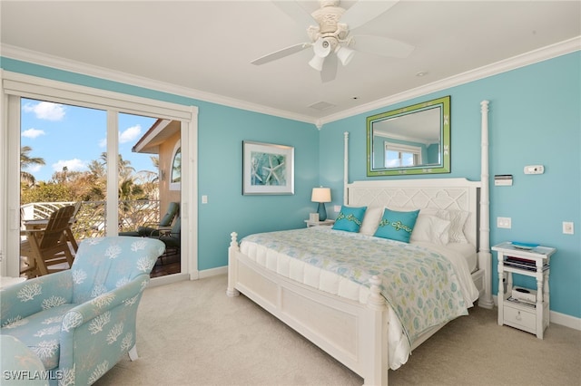 bedroom with crown molding, light carpet, access to outside, and ceiling fan