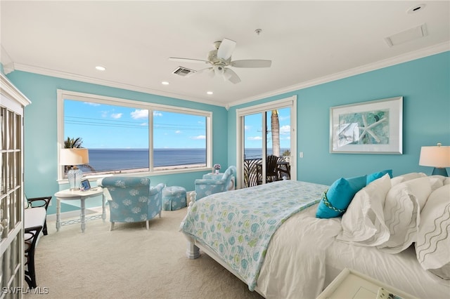 bedroom with ornamental molding, access to outside, carpet, and a water view