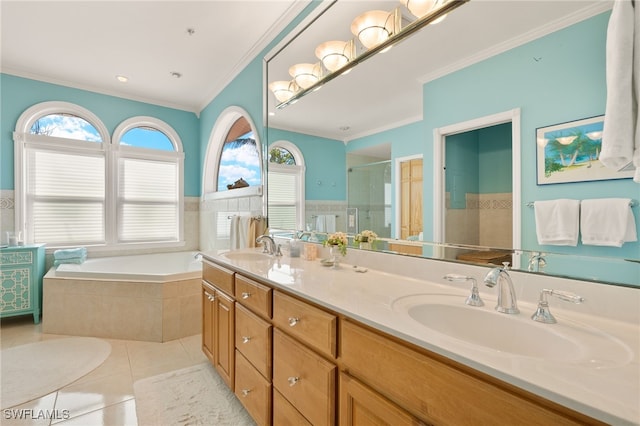 bathroom with vanity, crown molding, tile patterned floors, and shower with separate bathtub