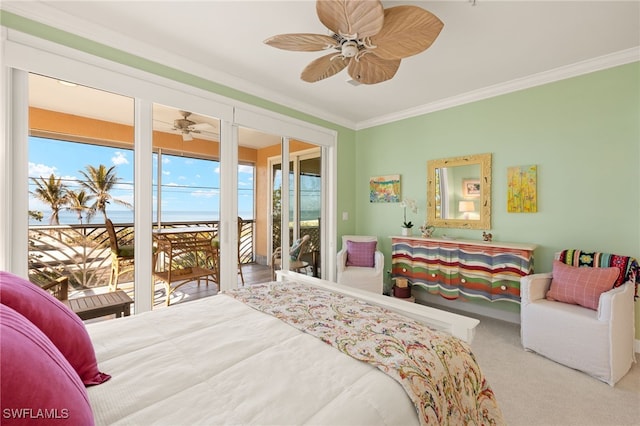 bedroom featuring carpet flooring, ornamental molding, access to outside, ceiling fan, and a water view