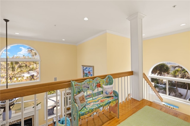 hallway with decorative columns, ornamental molding, and plenty of natural light