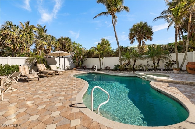 view of pool featuring an in ground hot tub and a patio