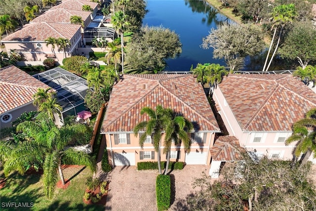 aerial view featuring a water view