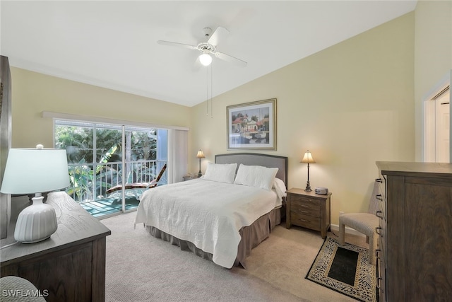 bedroom with light carpet, vaulted ceiling, ceiling fan, and access to outside