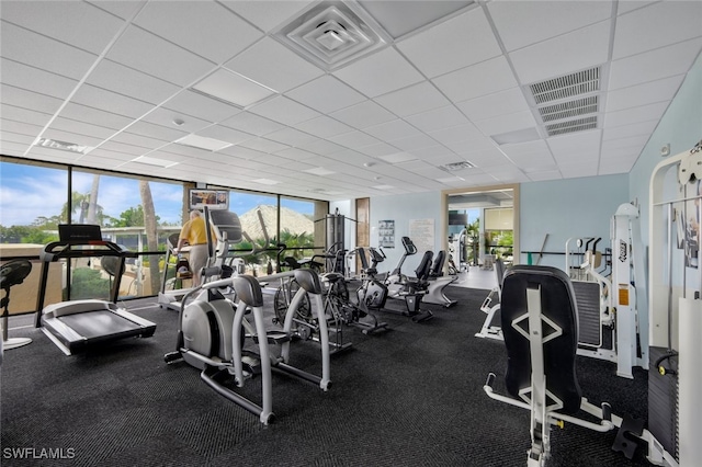 workout area with a paneled ceiling and expansive windows