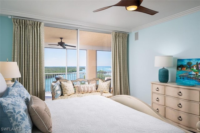 bedroom with crown molding, floor to ceiling windows, ceiling fan, and a water view