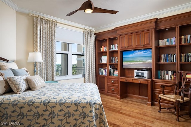 bedroom with light hardwood / wood-style flooring, ornamental molding, and ceiling fan